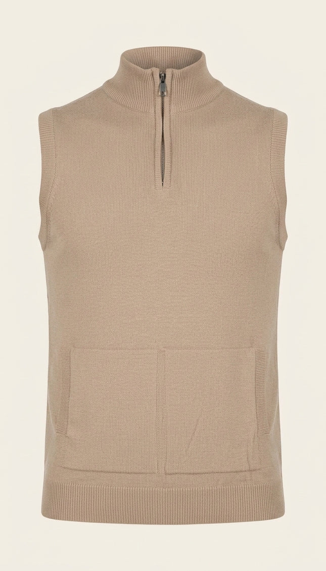 Zippered Collar Sweater Vest - Beige - Front