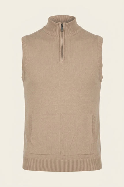 Zippered Collar Sweater Vest - Beige - Front
