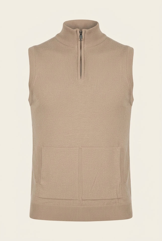 Zippered Collar Sweater Vest - Beige - Front