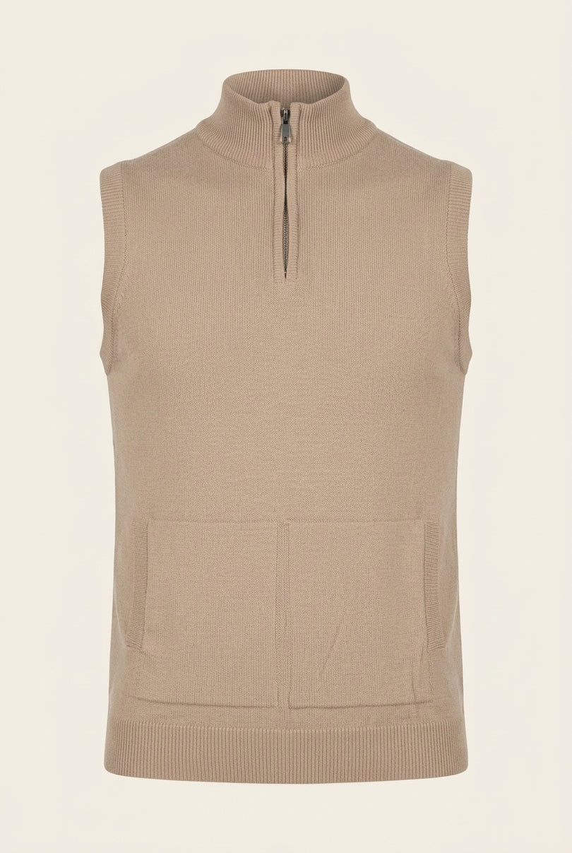 Zippered Collar Sweater Vest - Beige - Front