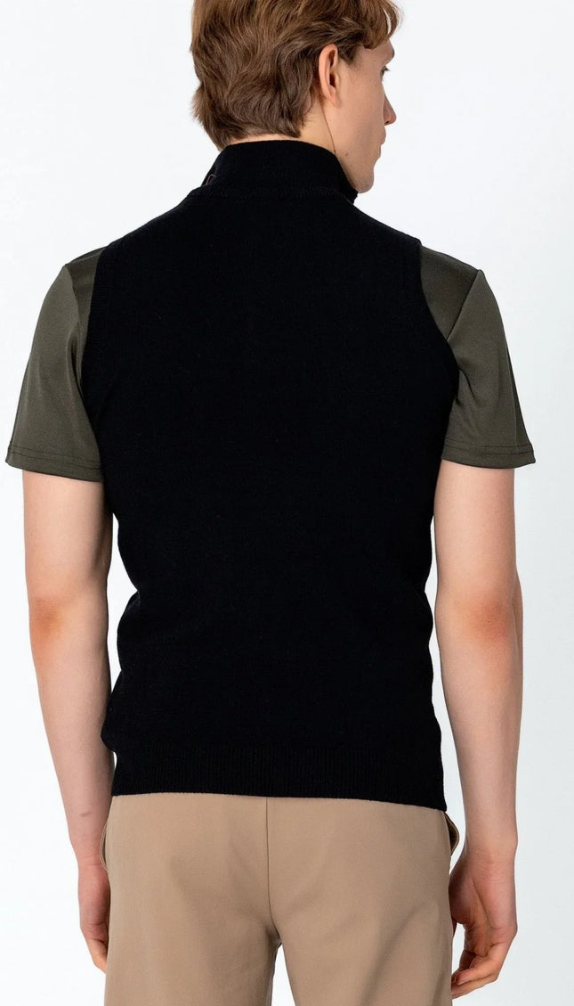 Zippered Collar Sweater Vest - Black - Ron Tomson