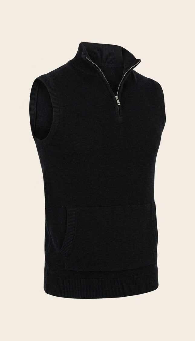 Zippered Collar Sweater Vest - Black - Front