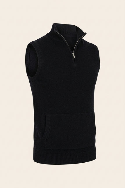 Zippered Collar Sweater Vest - Black - Front