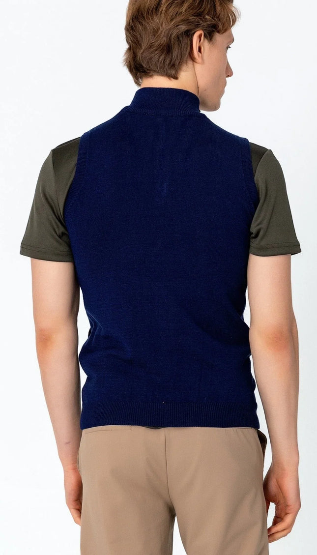 Zippered Collar Sweater Vest - Navy - Ron Tomson