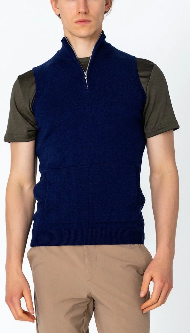 Zippered Collar Sweater Vest - Navy - Ron Tomson