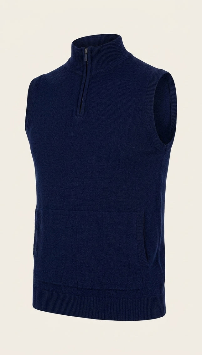 Zippered Mock-Neck Sweater Vest - Navy - Front