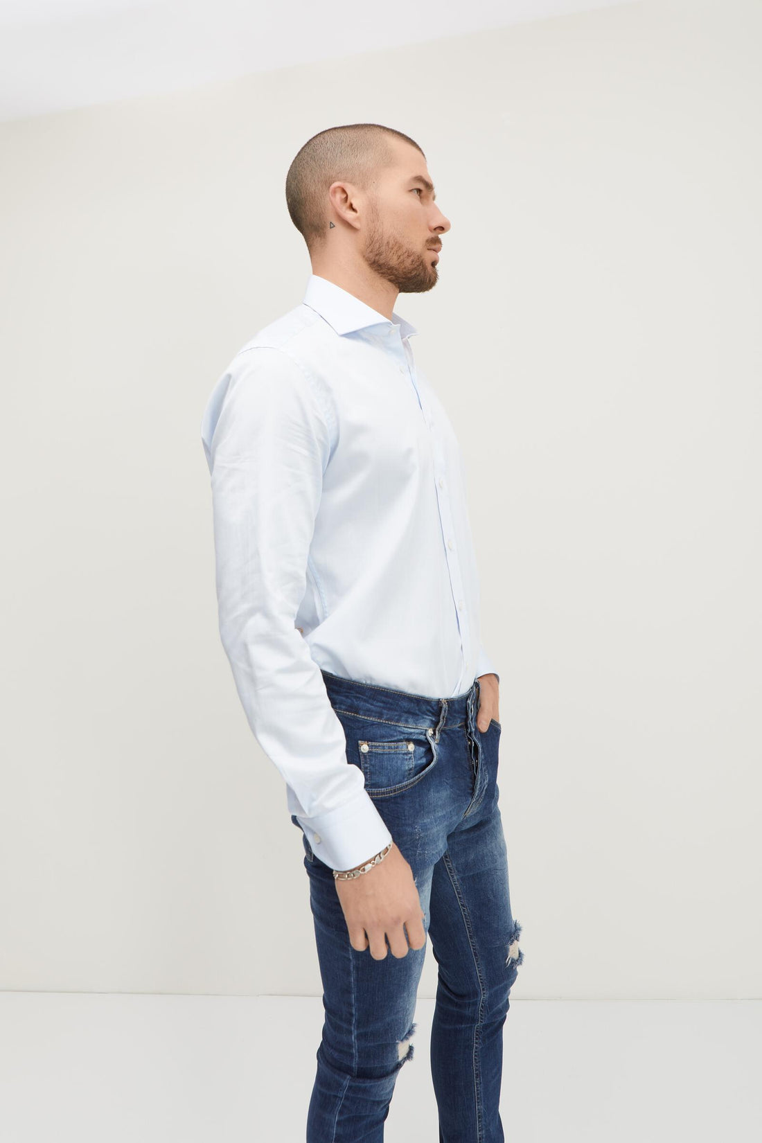 Pure Cotton Spread Collar Fitted Dress Shirt - Light Blue - Ron Tomson