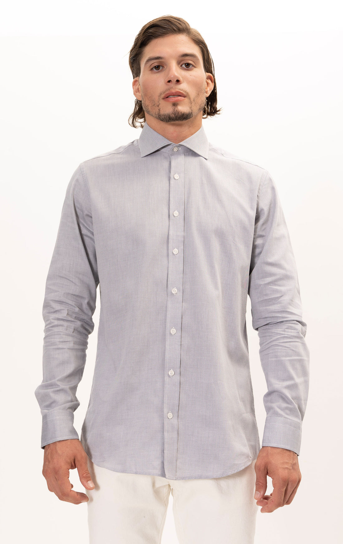 Strukturiertes Hemd mit Stehkragen - Grau