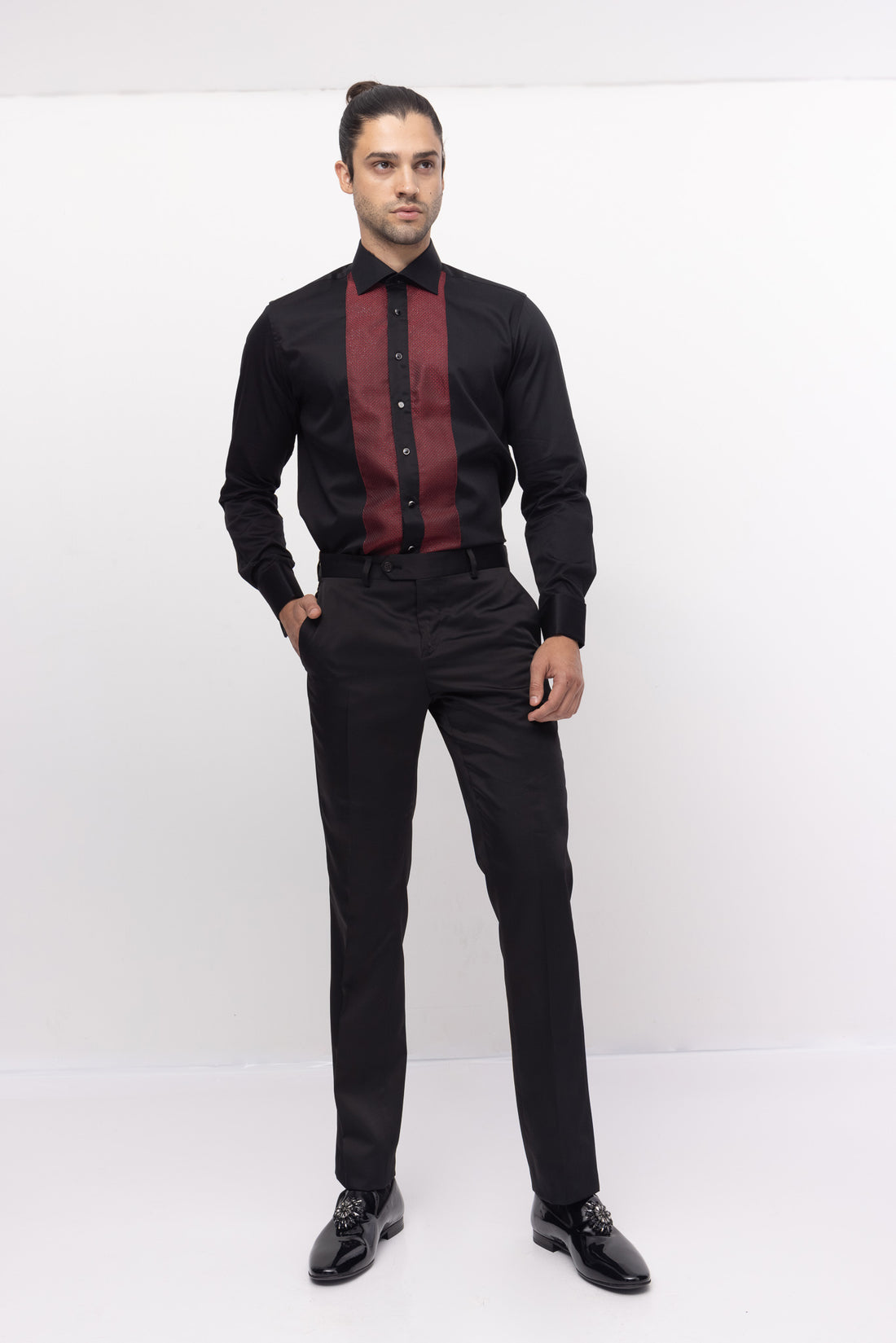 Lurex Paneled Spread Collar Shirt - BLACK RED - Ron Tomson