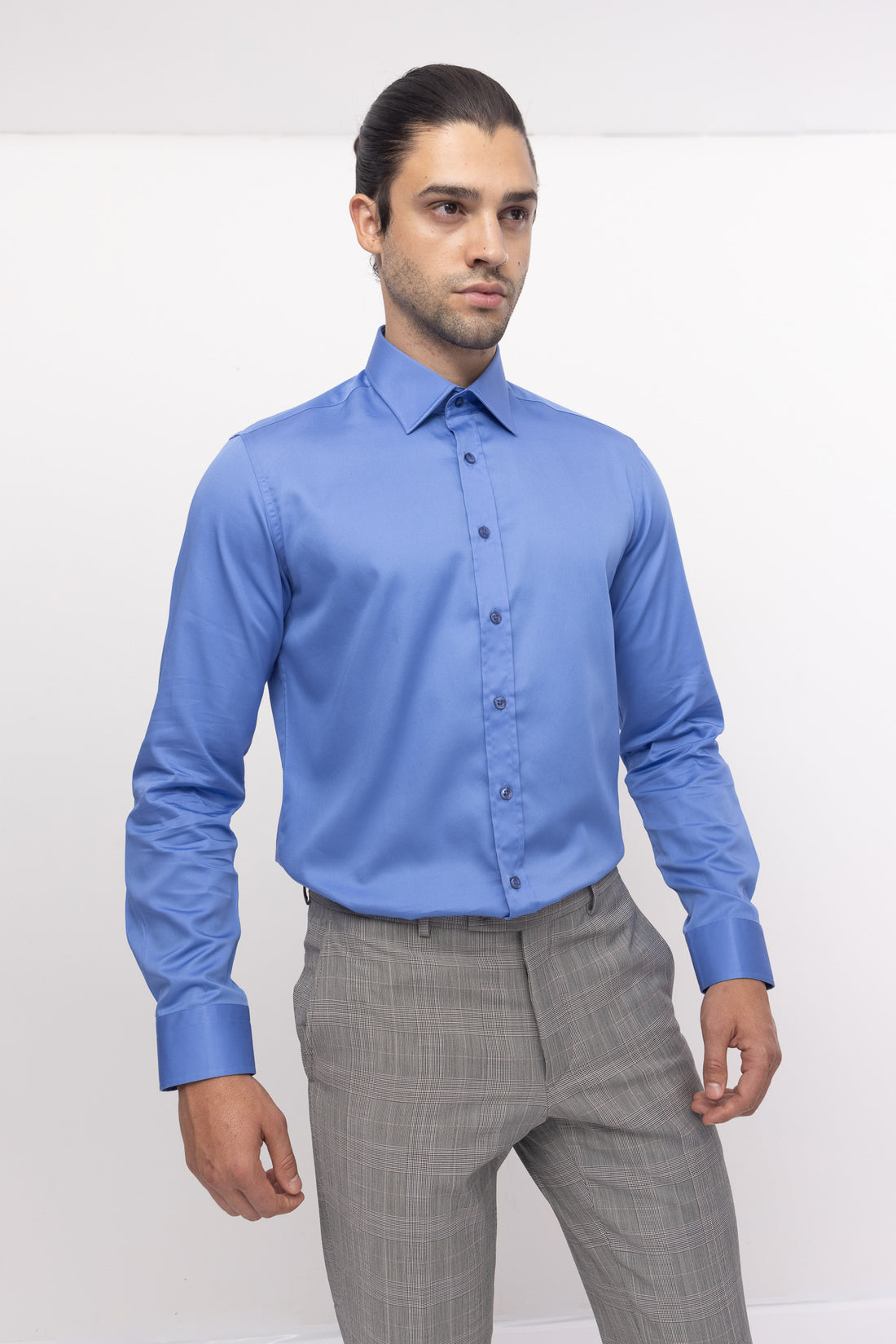 Pure Cotton Sateen Dress Shirt - Blue - Ron Tomson