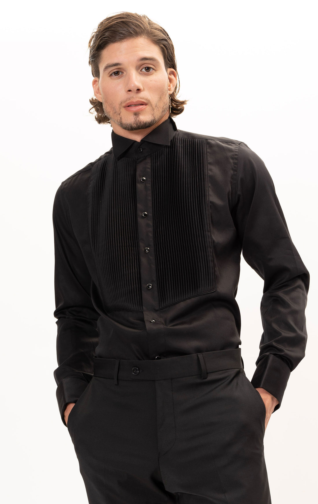 N° 4686 PURE COTTON PLEATED WING TIP COLLAR SHIRT - BLACK BLACK