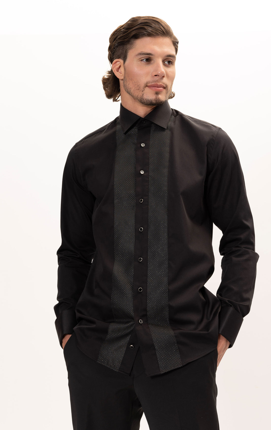 Lurex Paneled Spread Collar Tux Shirt - Jet Black