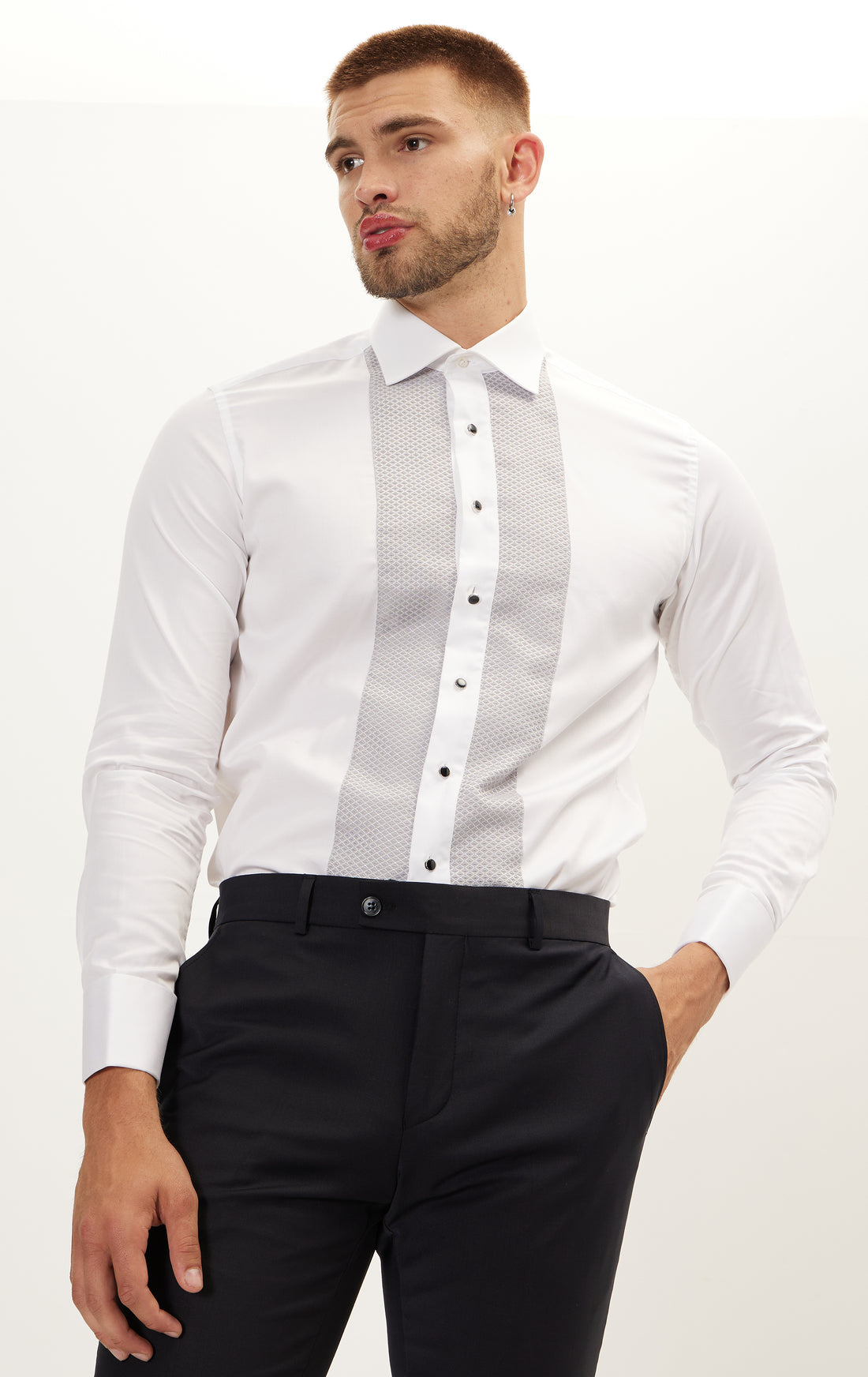 Lurex Paneled Spread Collar Shirt - White Grey