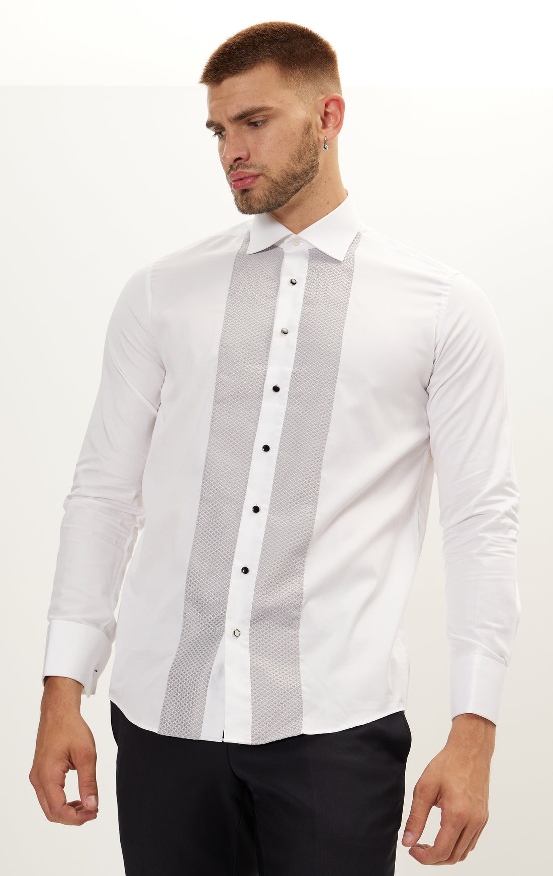 Lurex Paneled Spread Collar Shirt - White Grey