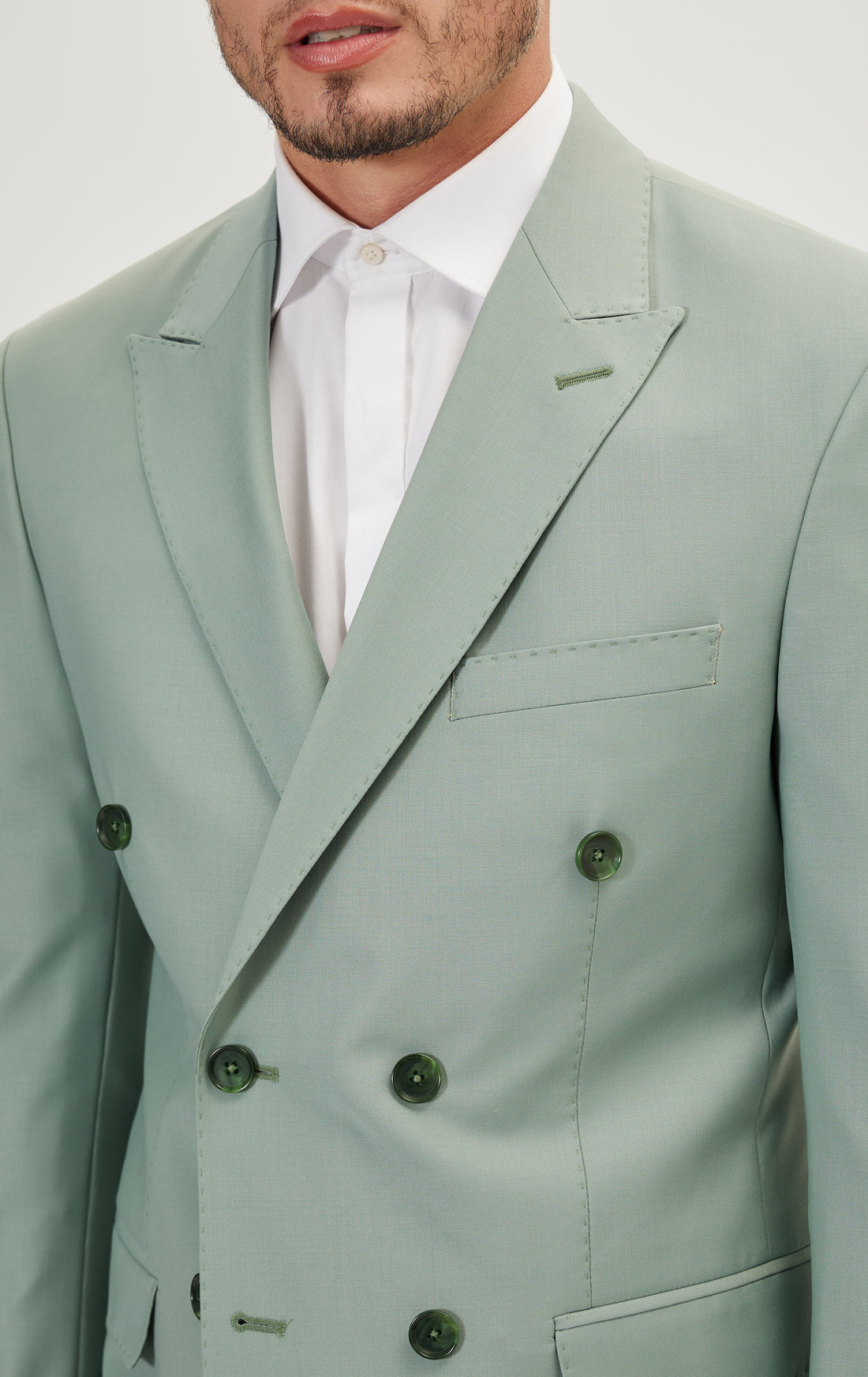 Super 120S Merino Wool Double Breasted Suit - Sage Green