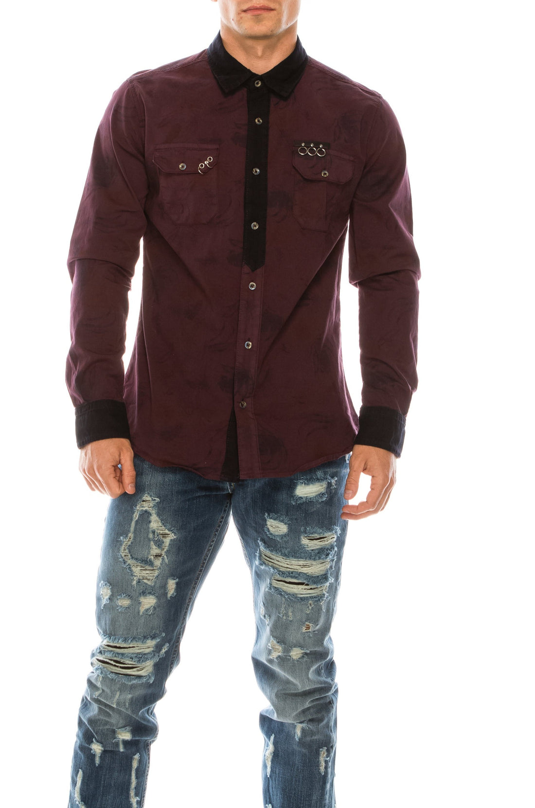 Pierced Fitted Button Down Shirt - WINE - Ron Tomson