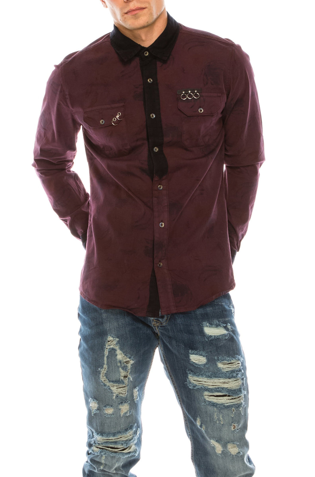 Pierced Fitted Button Down Shirt - WINE - Ron Tomson