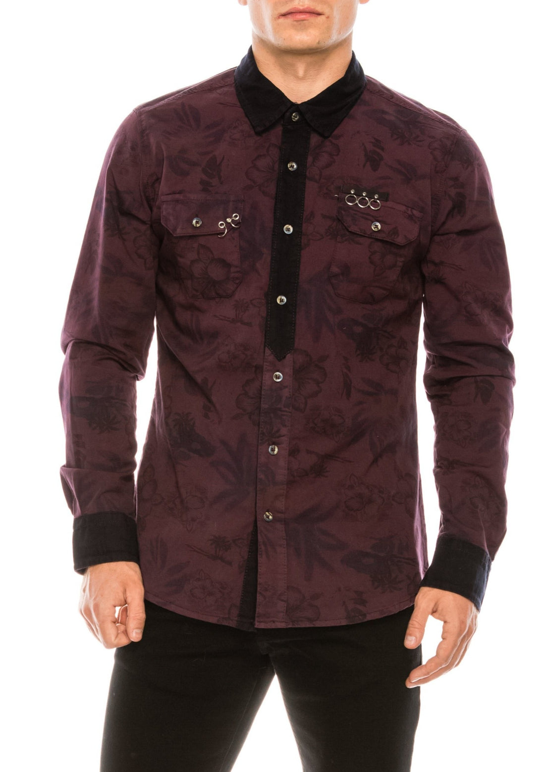 Pierced Fitted Button Down Shirt - Wine 1 - Ron Tomson