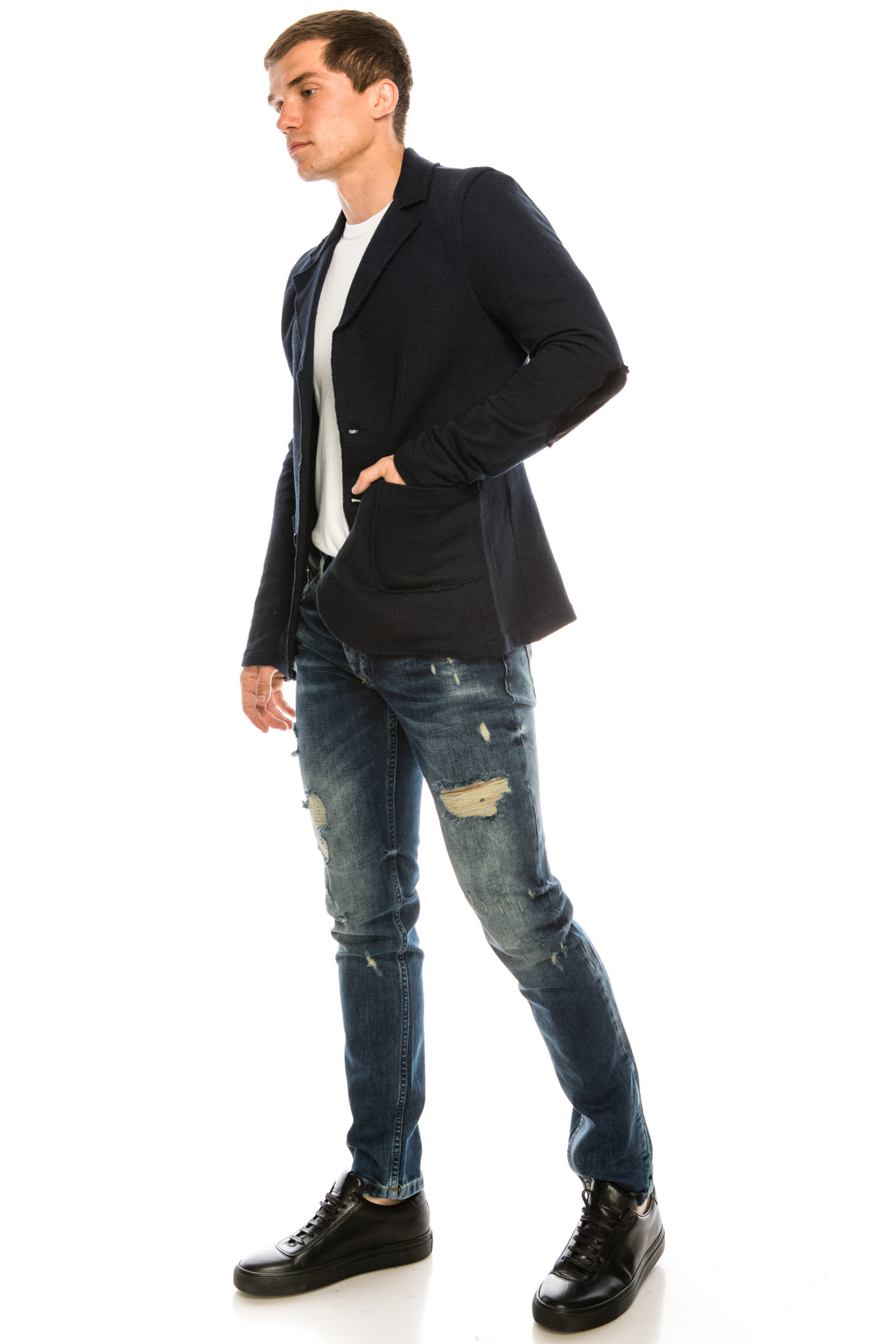 RAW EDGE FITTED CARDIGAN - NAVY - Ron Tomson