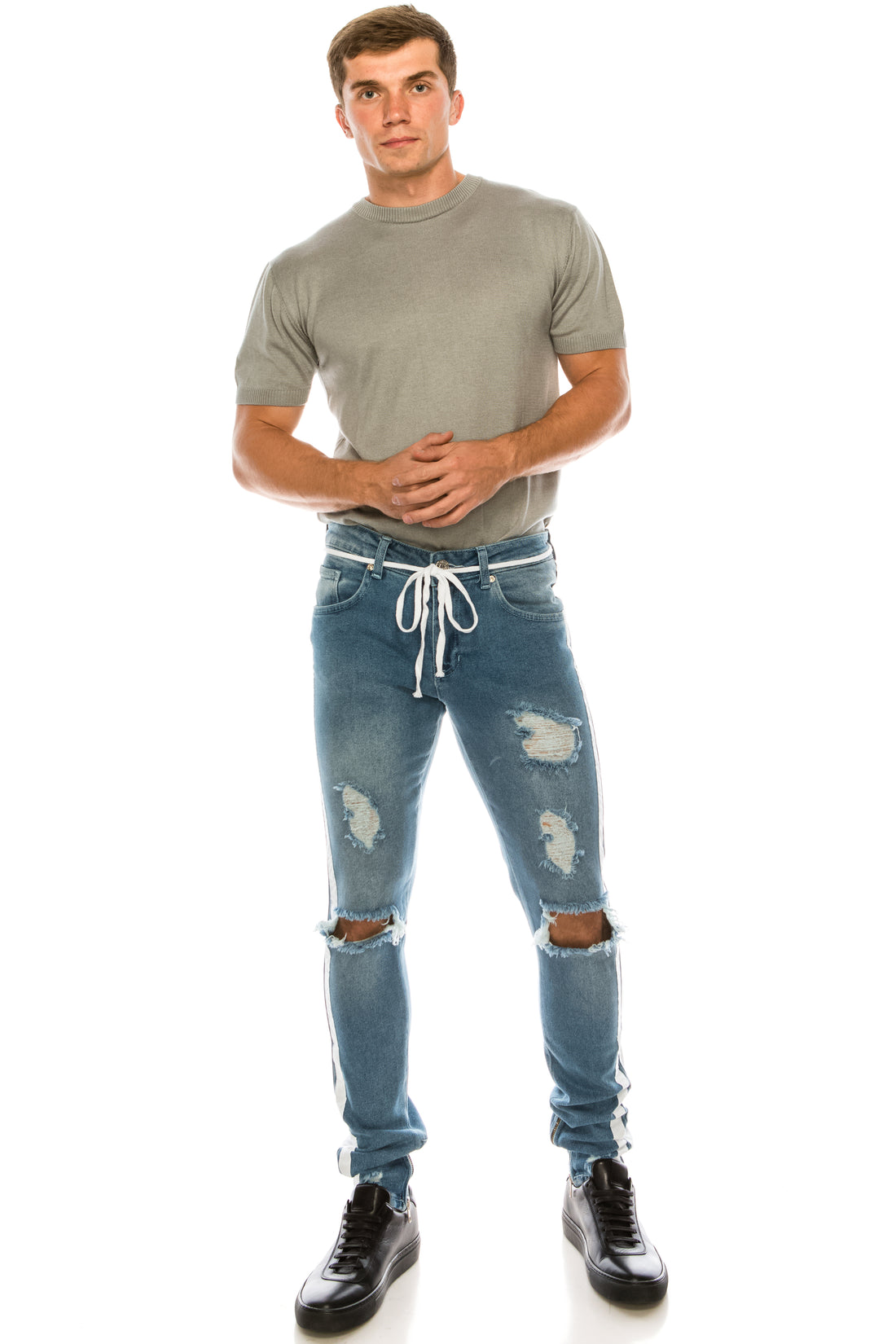 SKINNY FIT DISTRESSED LIGHT BLUE TRACK JEANS - Ron Tomson