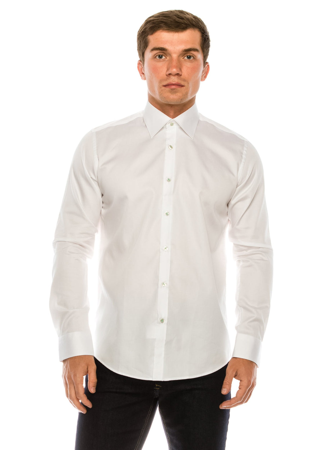 Pure Cotton Contrast button dress shirt - White Green - Ron Tomson