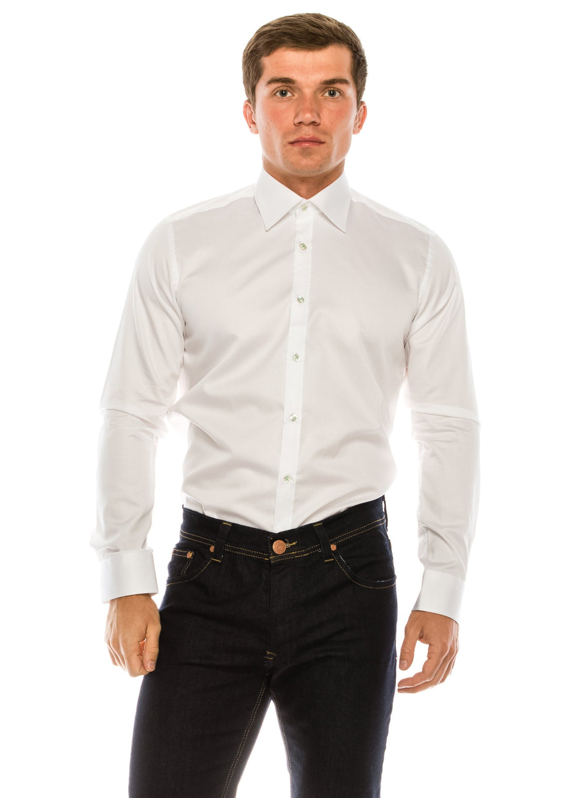 Pure Cotton Contrast button dress shirt - White Green - Ron Tomson