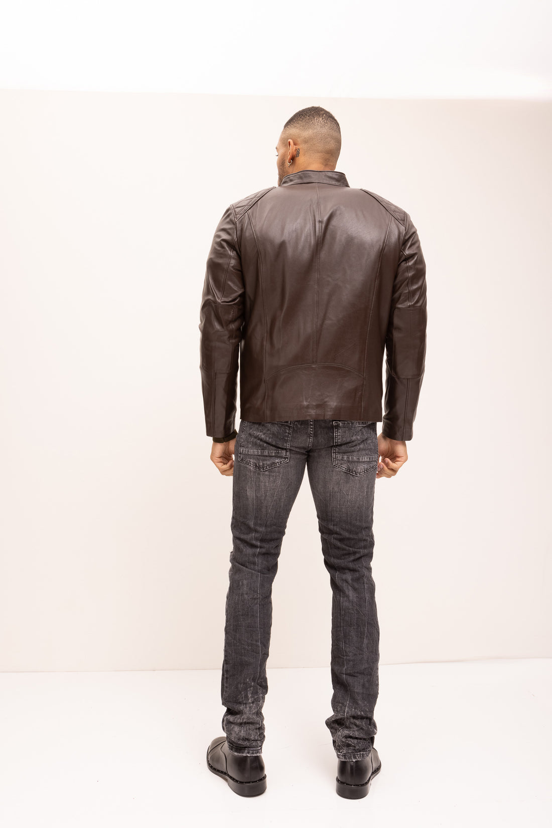 QUILTED DETAIL LEATHER JACKET - Brown - Ron Tomson
