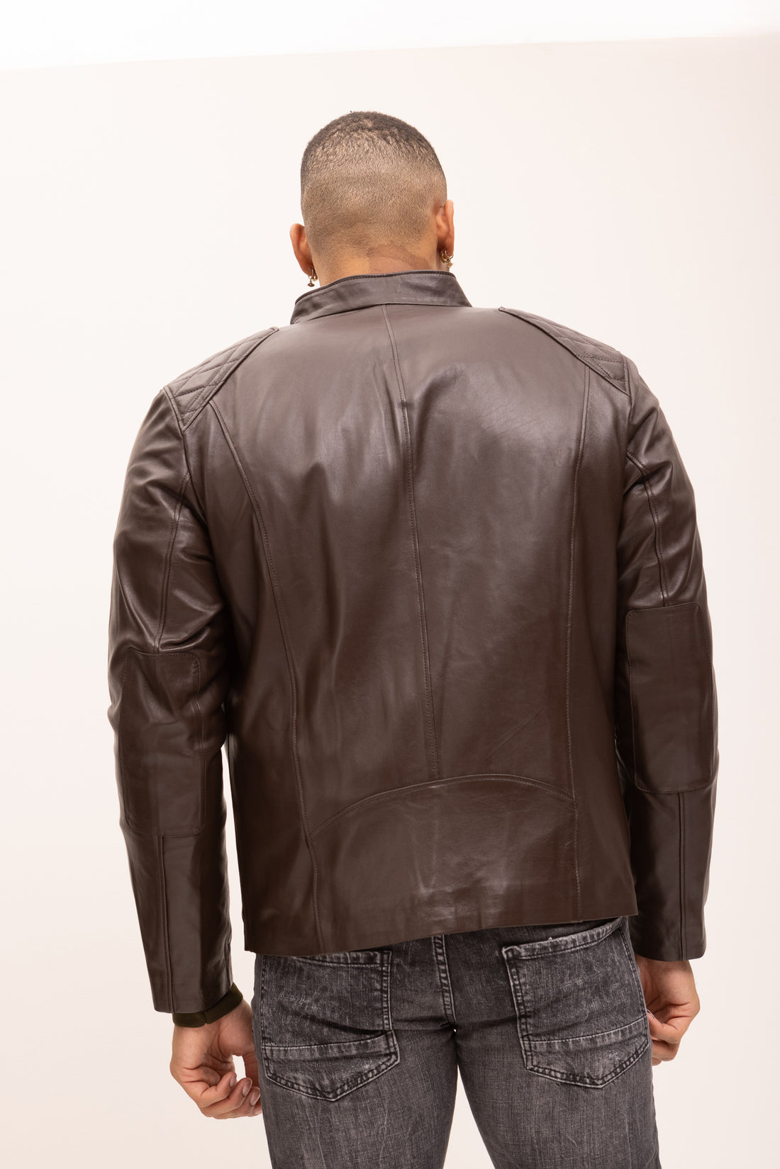QUILTED DETAIL LEATHER JACKET - Brown - Ron Tomson