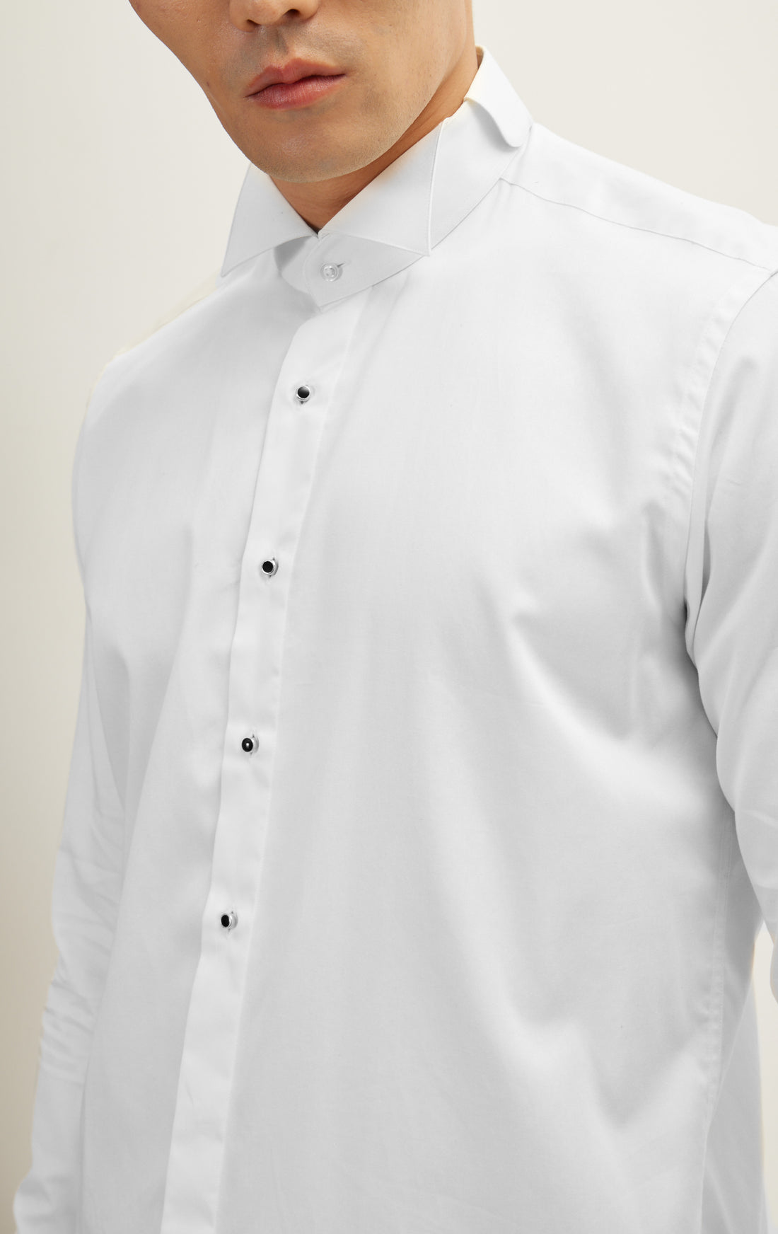 Wing Classical Top  Front Stud Tuxedo Shirt - White