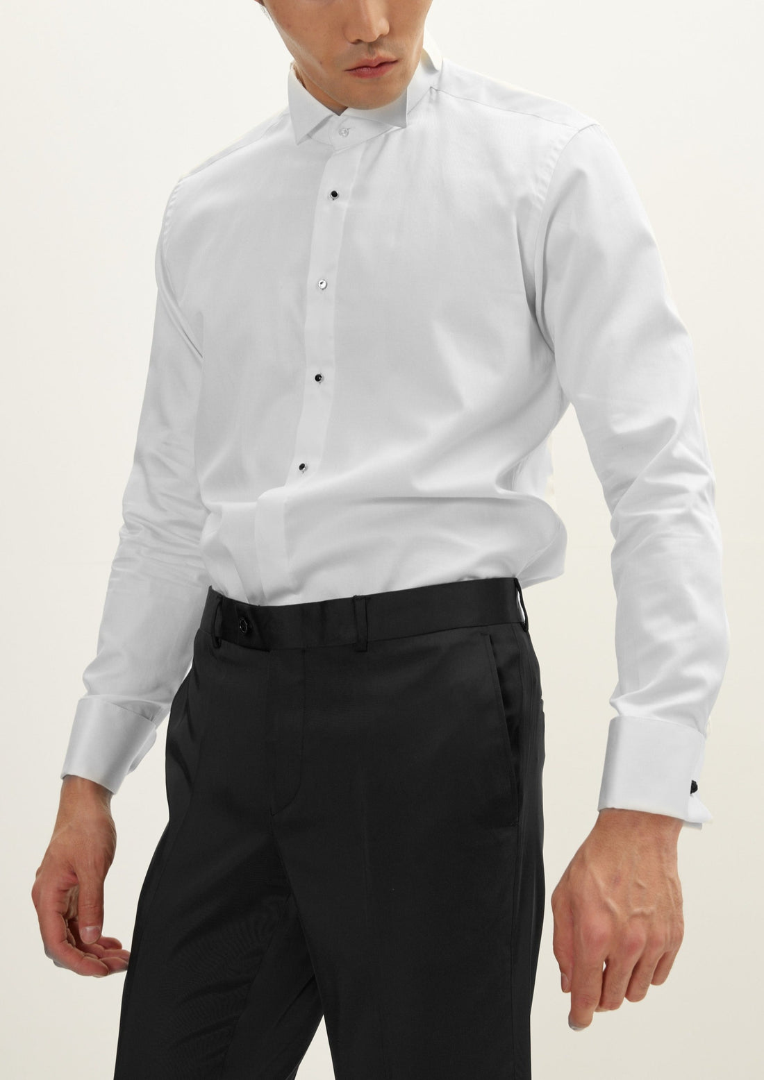 Wing Classical Top  Front Stud Tuxedo Shirt - White
