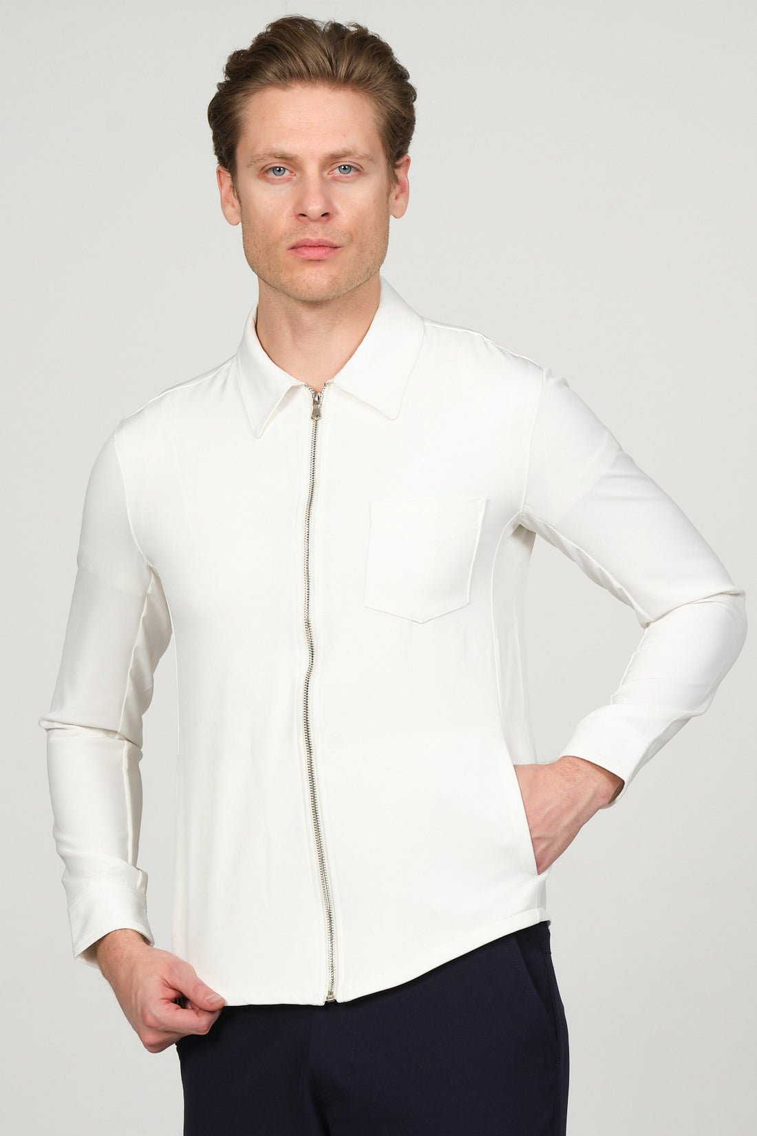 Zip Down Collared Shirt - White - Ron Tomson