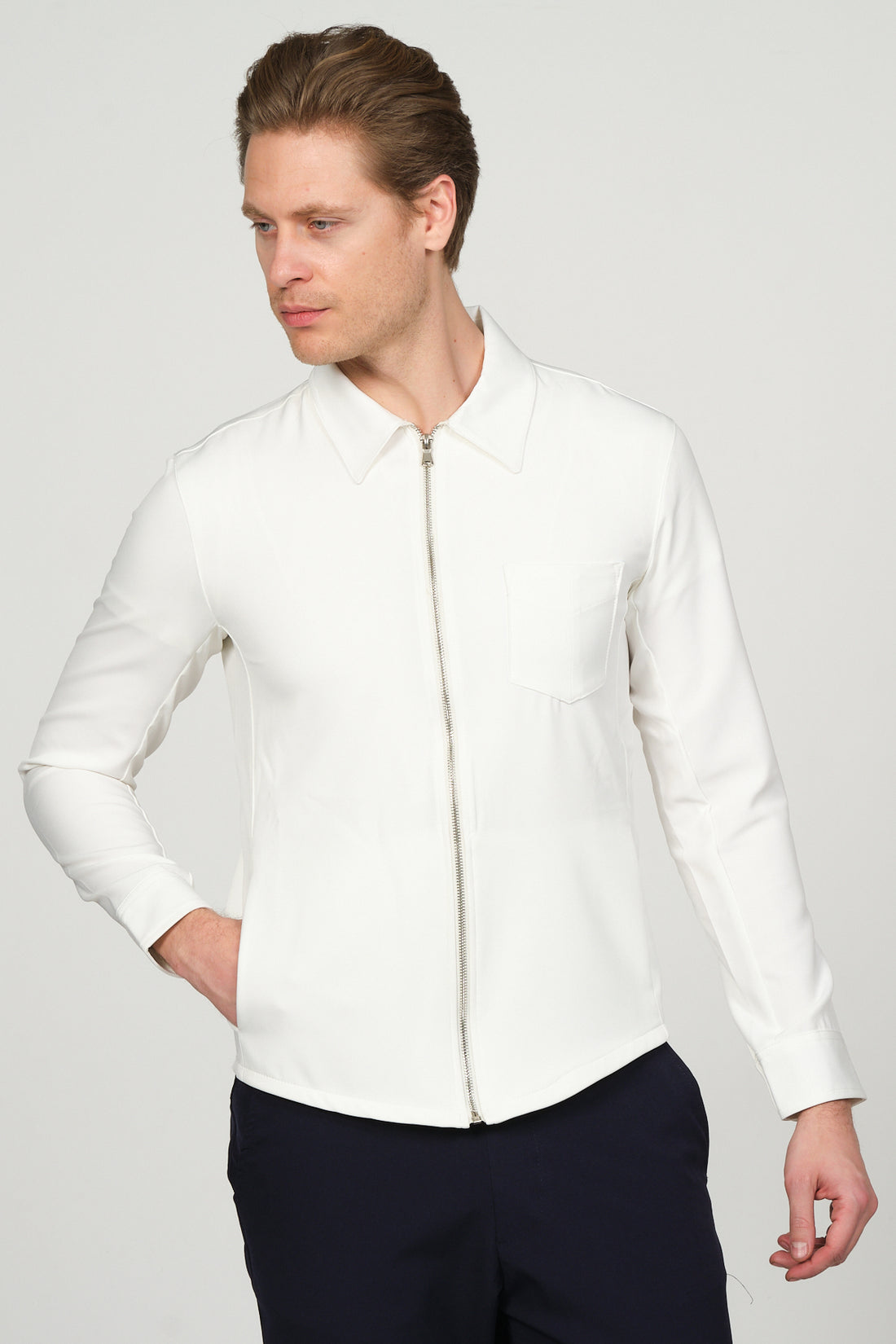 Zip Down Collared Shirt - White - Ron Tomson