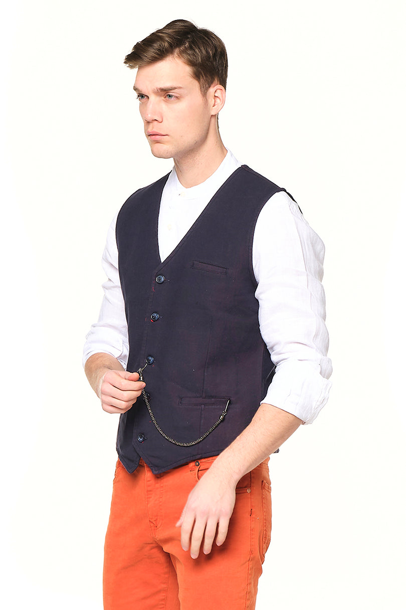 Pocket-watch chain Vest - NAVY RED - Ron Tomson