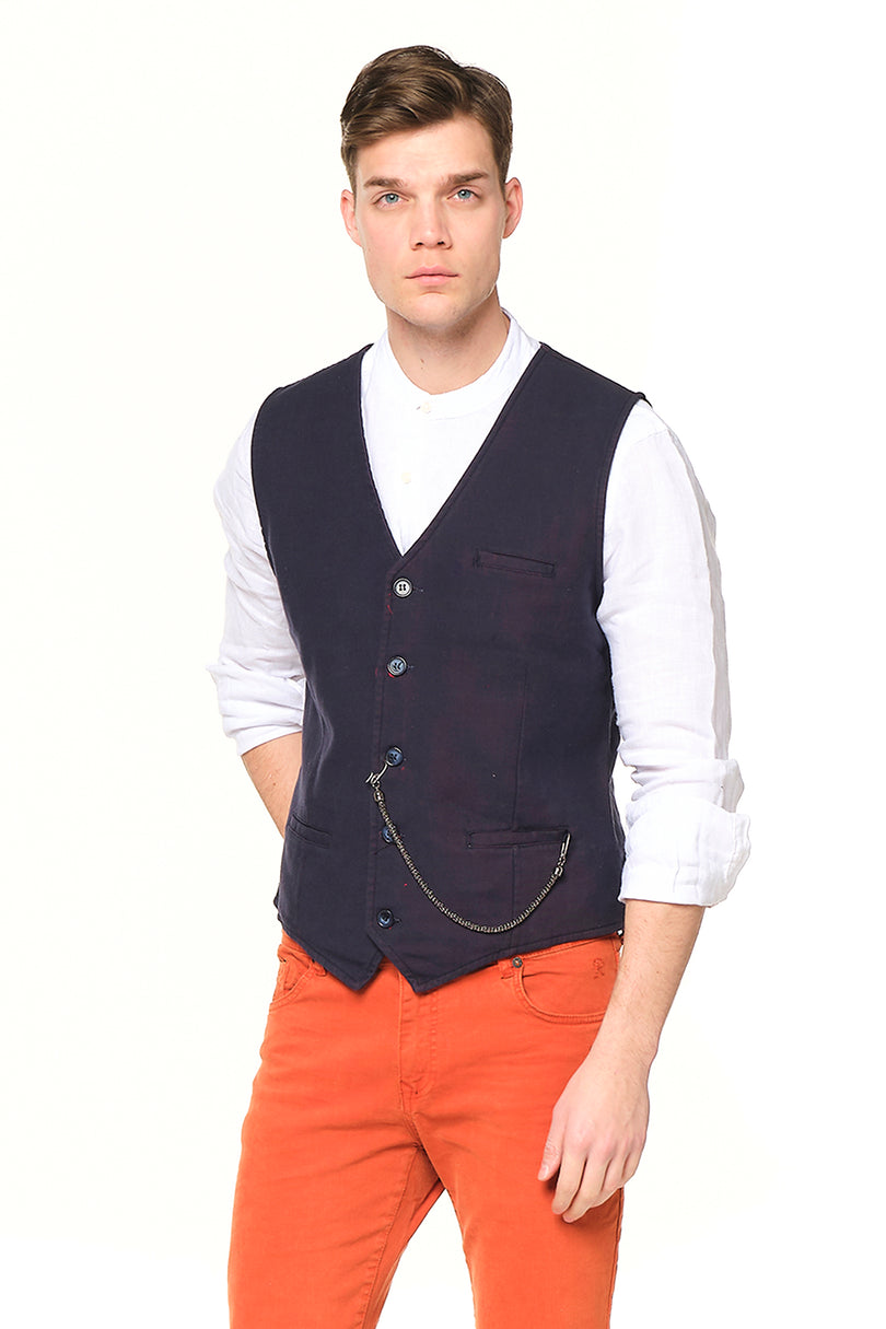Pocket-watch chain Vest - NAVY RED - Ron Tomson