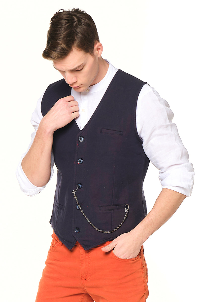 Pocket-watch chain Vest - NAVY RED - Ron Tomson