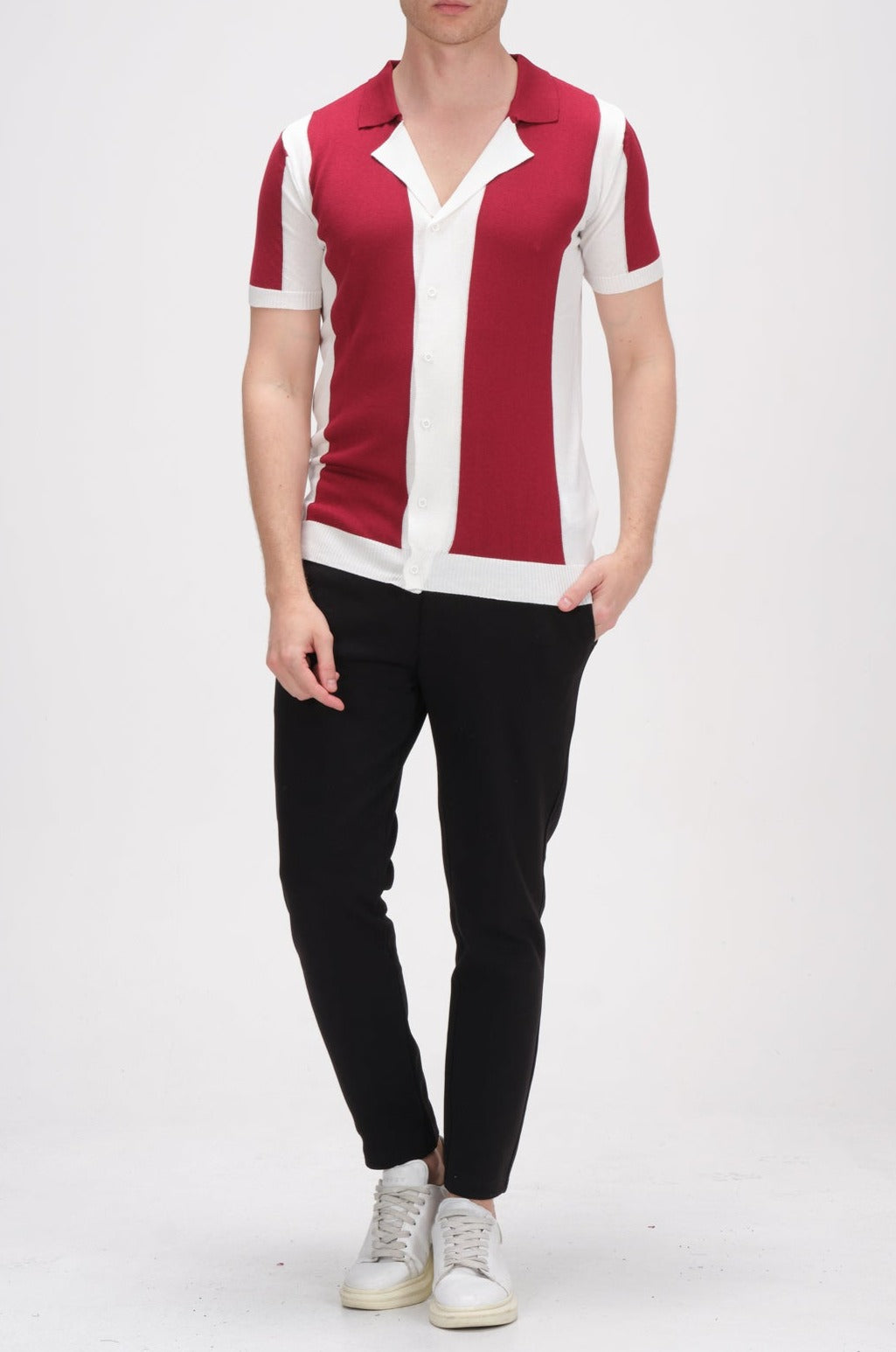 6336 BORDEAUX WHITE KNITTED POLO T-SHIRT - Ron Tomson