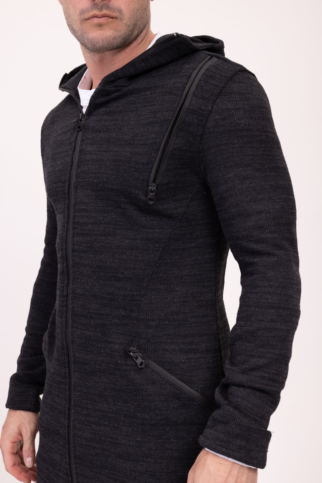 Hooded Longline Knit Zip Sweater - Anthracite - Ron Tomson
