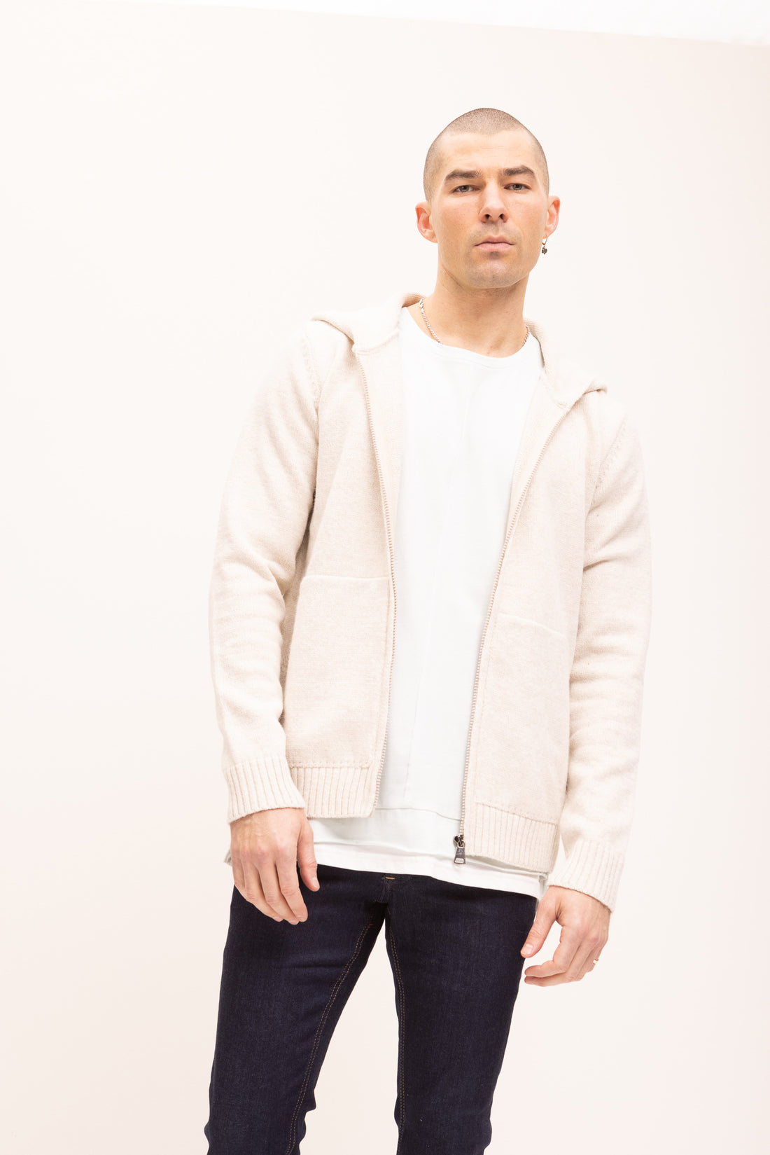 FULL ZIP CLOSURE KNITTED JACKET - STONE - Ron Tomson