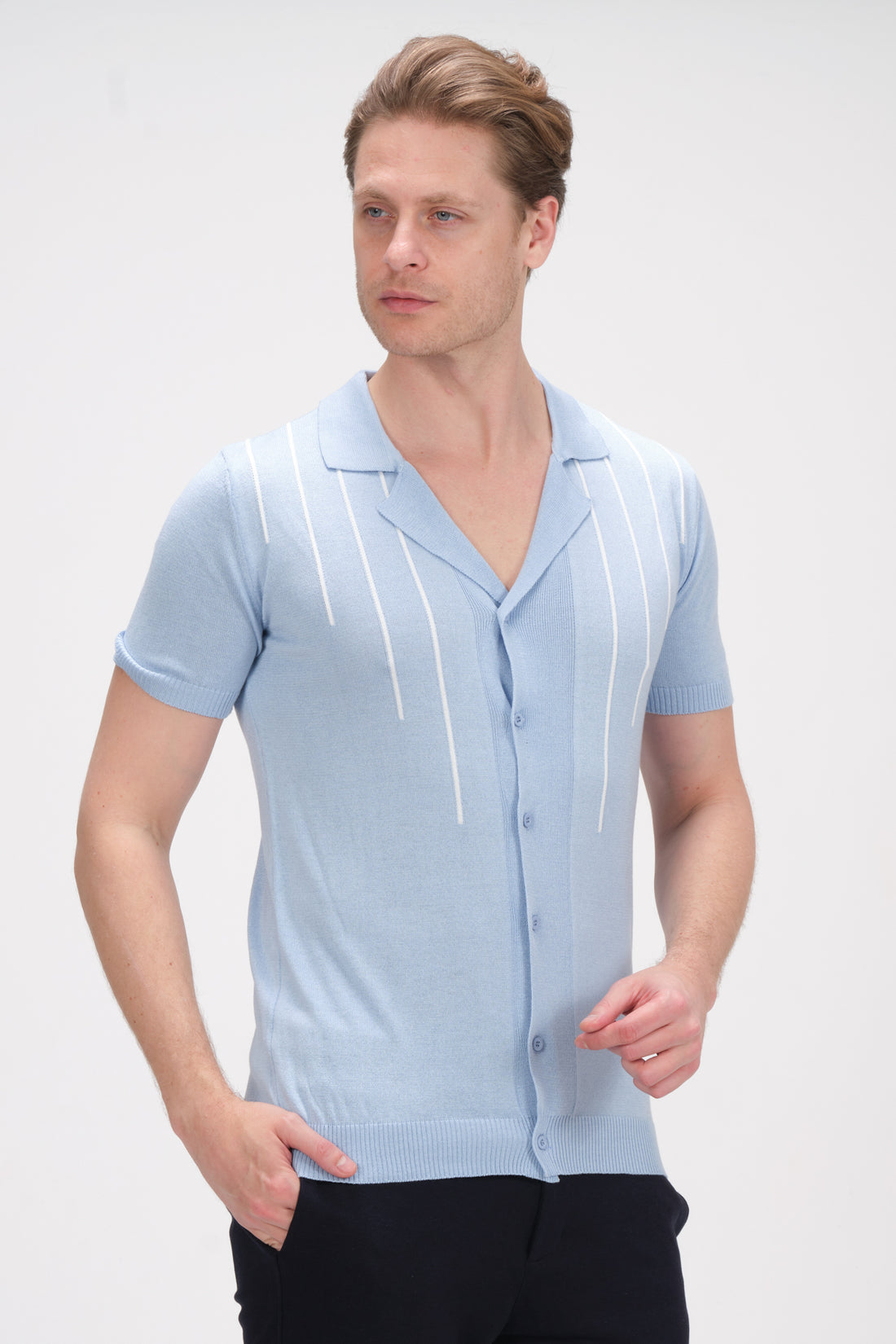 6404 BLUE WHITE KNITTED POLO T-SHIRT - Ron Tomson