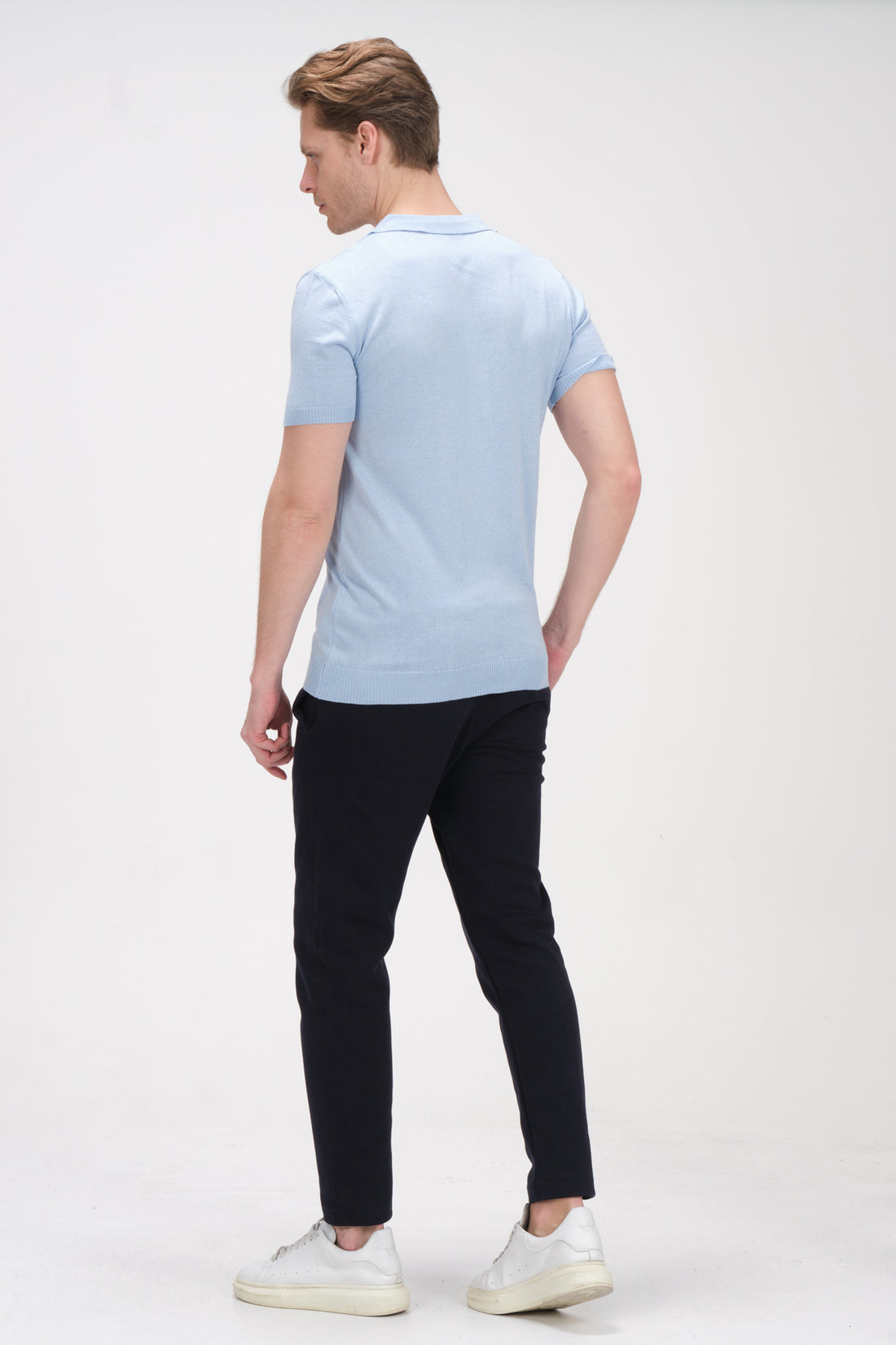 6404 BLUE WHITE KNITTED POLO T-SHIRT - Ron Tomson