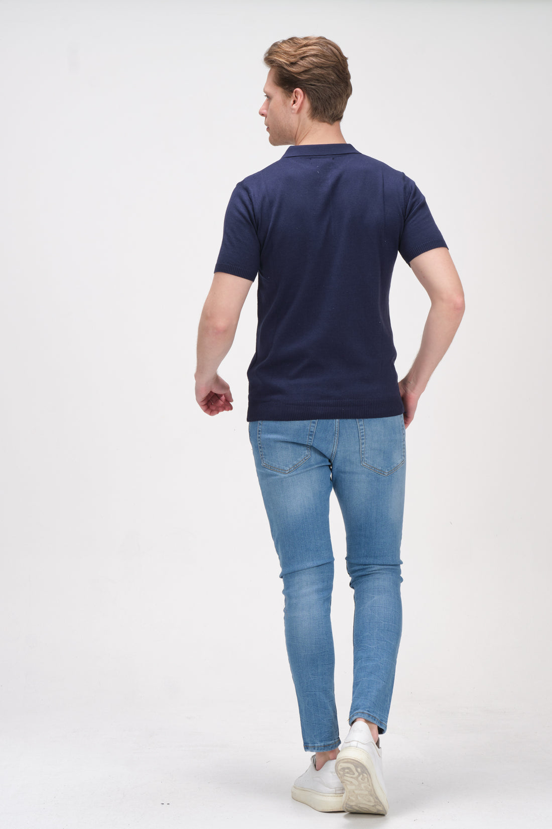 N° 6405 Zipper Knitted Polo Tee - Navy - Ron Tomson