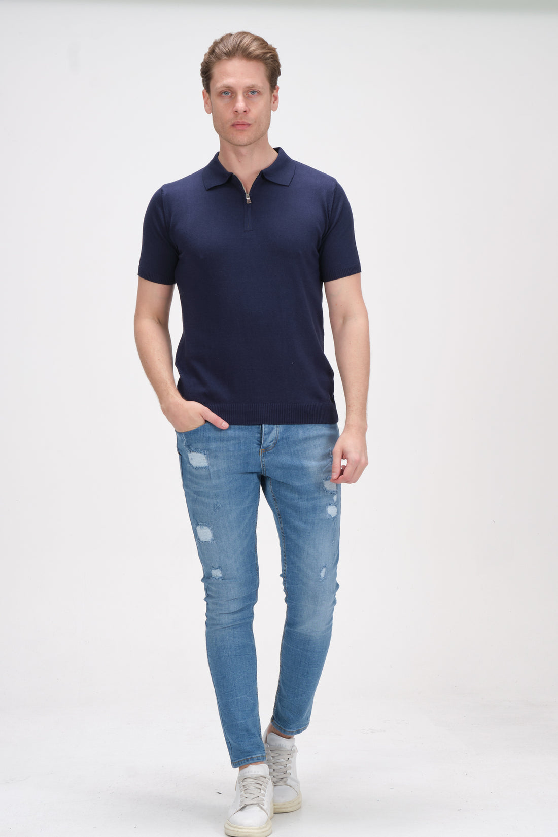 N° 6405 Zipper Knitted Polo Tee - Navy - Ron Tomson