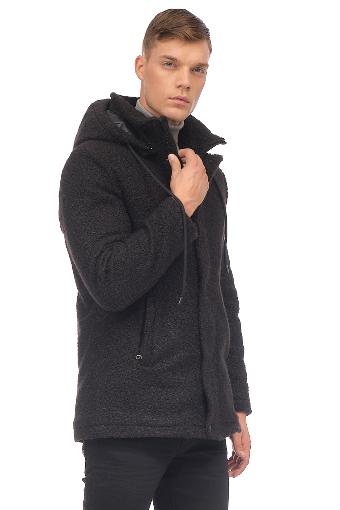 Grunge Hood Boucle Coat Quilted - BLACK - Ron Tomson