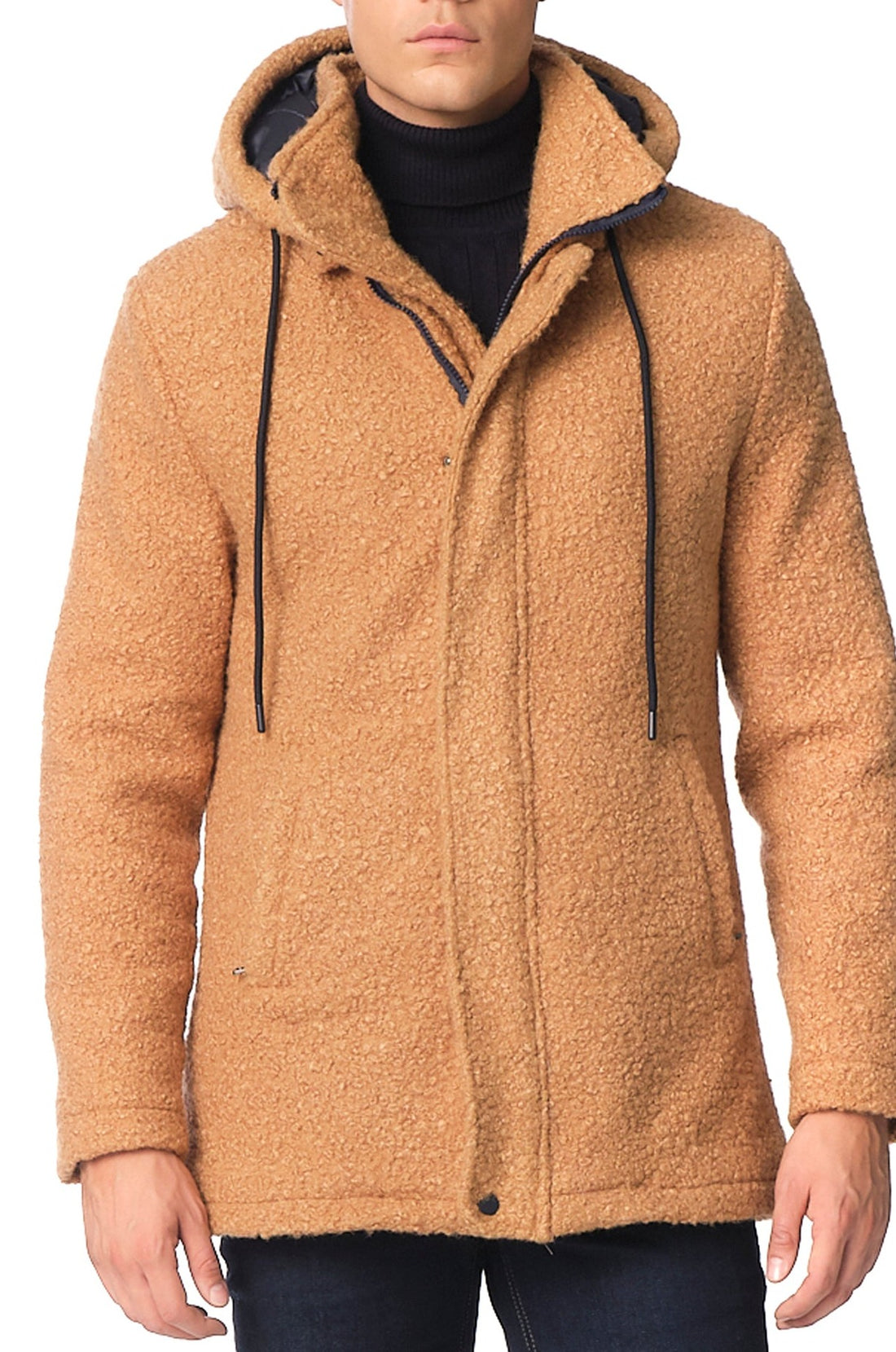 Grunge Hood Boucle Coat Quilted - CAMEL - Ron Tomson