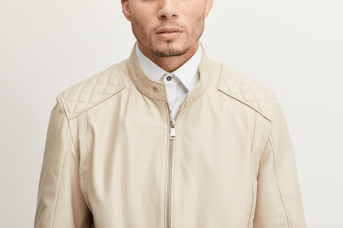 QUILTED DETAIL LEATHER JACKET - Ecru - Ron Tomson