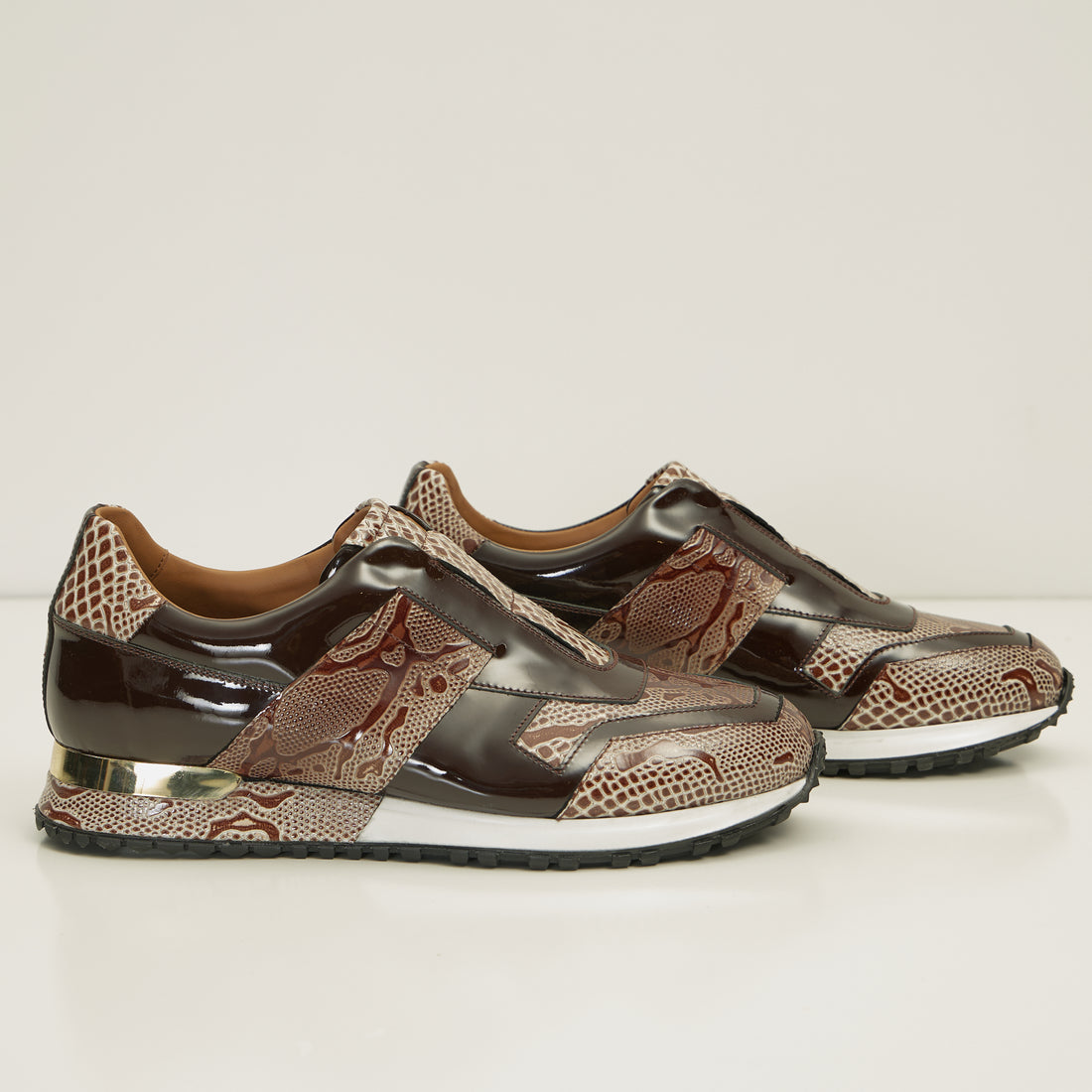 Leather Embossed Snakeskin Sneakers - Brown Beige