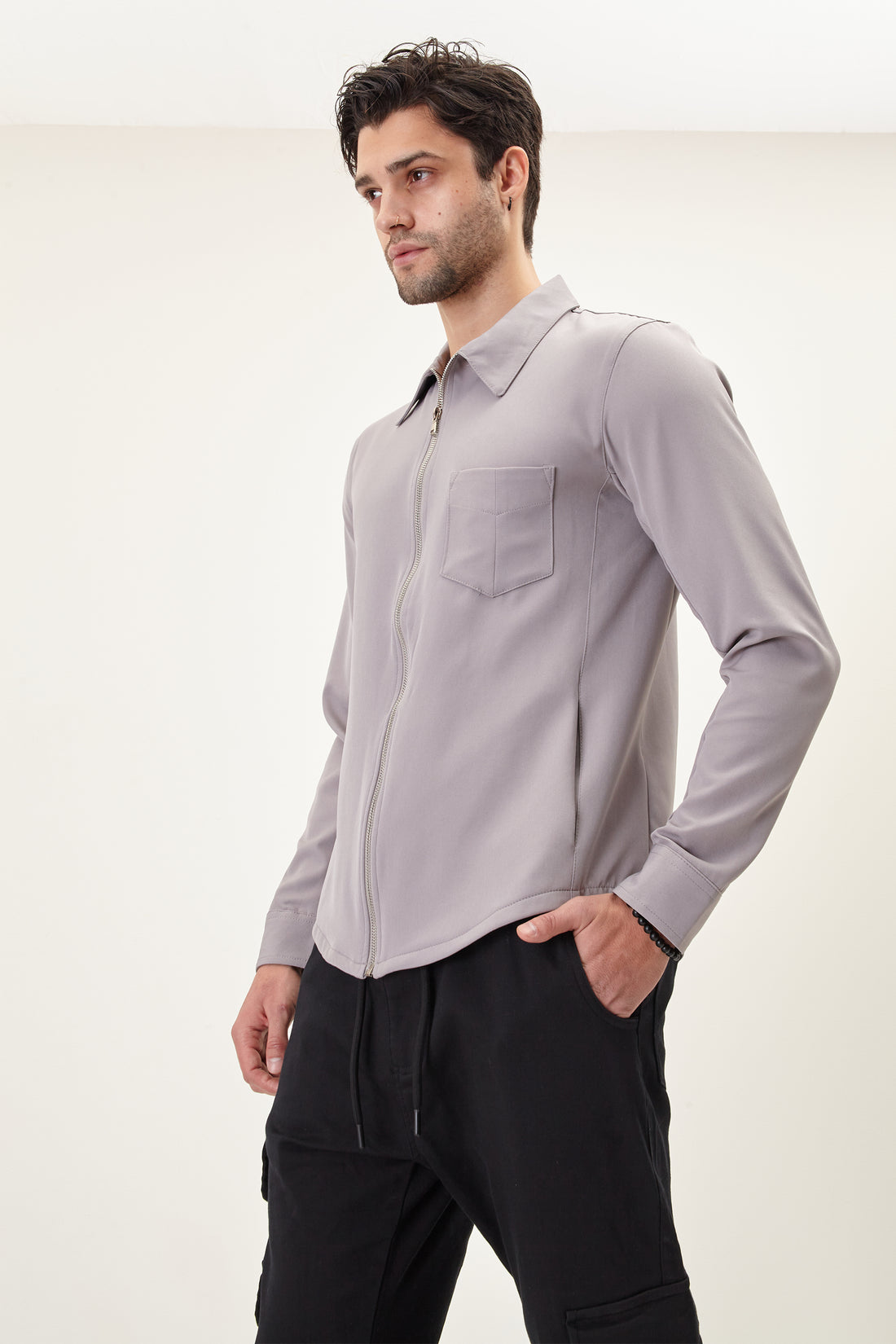 Zip Down Collared Shirt - Grey - Ron Tomson