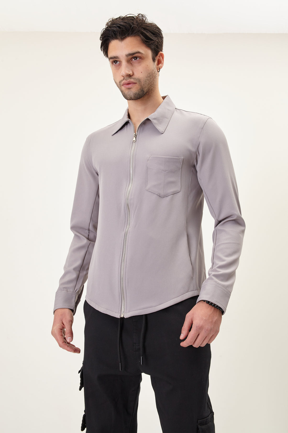 Zip Down Collared Shirt - Grey - Ron Tomson
