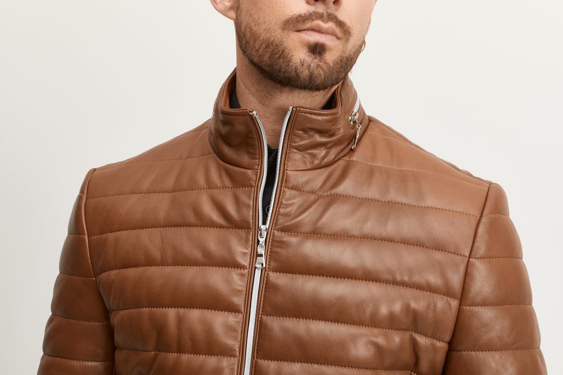 Leather Puffer Jacket - Brown - Ron Tomson