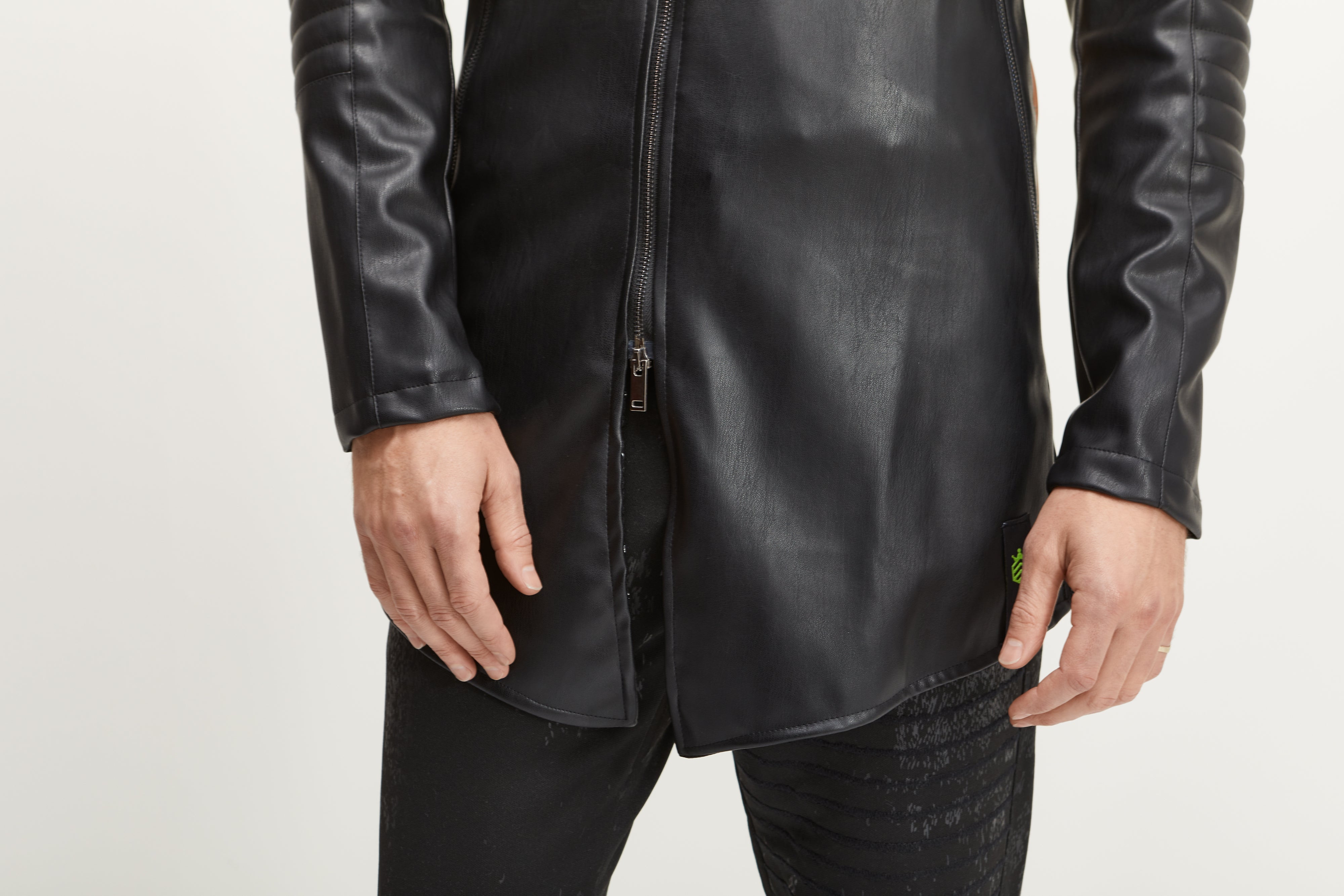 LONGLINE FAUX LEATHER TWO TONE JACKET - Ron Tomson